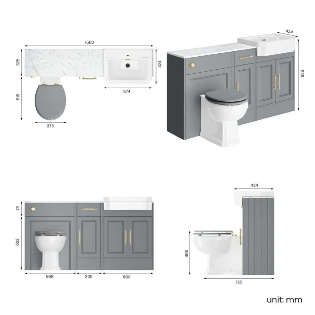 Monaco Dove Grey Combination Vanity Traditional Basin with Marble Top & Hudson Toilet with Wooden Seat 1500mm - Brass Knurled Handles