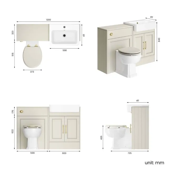 Monaco Chalk White Combination Vanity Basin and Hudson Toilet with Wooden Seat 1200mm - Brass Knurled Handles