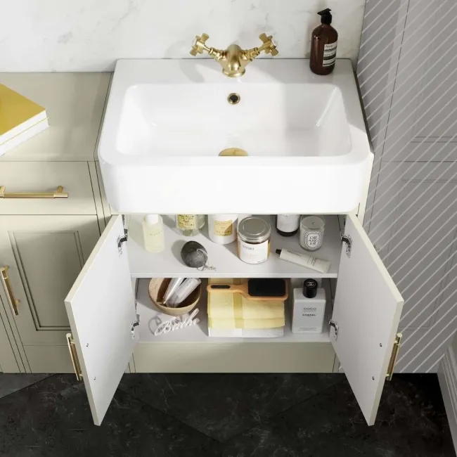 Monaco Chalk White Combination Vanity Basin and Hudson Toilet with Wooden Seat 1500mm - Brass Knurled Handles