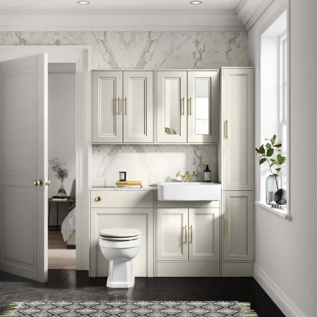 Monaco Chalk White Combination Vanity Basin with Marble Top & Hudson Toilet with Wooden Seat 1200mm - Brass Knurled Handles