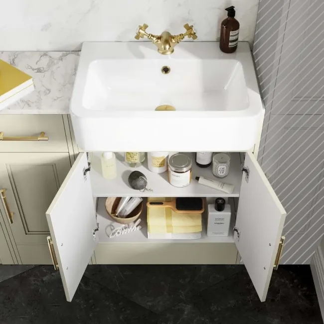 Monaco Chalk White Combination Vanity Basin with Marble Top and Hudson Toilet with Wooden Seat 1500mm - Brass Knurled Handles