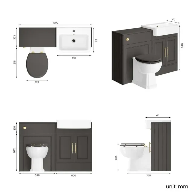 Monaco Graphite Grey Combination Vanity Basin and Hudson Toilet with Wooden Seat 1200mm - Brass Knurled Handles