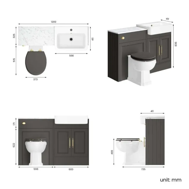 Monaco Graphite Grey Combination Vanity Basin with Marble Top & Hudson Toilet with Wooden Seat 1200mm - Brass Knurled Handles