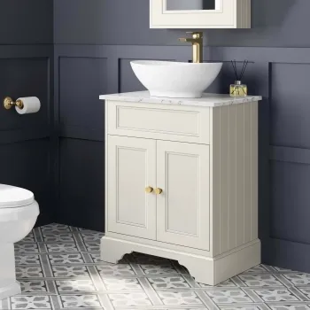 Lucia Chalk White Vanity with Marble Top & Oval Counter Top Basin 640mm - Brushed Brass Accents