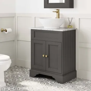 Lucia Graphite Grey Vanity with Marble Top & Oval Counter Top Basin 640mm - Brushed Brass Accents