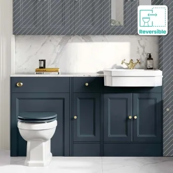 Monaco Inky Blue Combination Vanity Traditional Basin with Marble Top & Hudson Toilet with Wooden Seat 1500mm - Brushed Brass Accents
