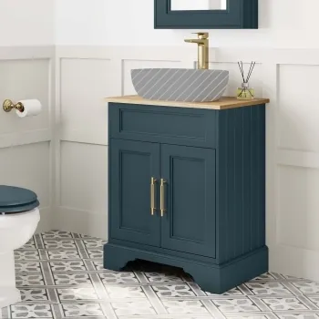 Lucia Inky Blue Cabinet with Oak Effect Top 640mm (Excludes Counter Top Basin) - Brass Knurled Handles