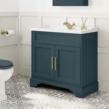 Lucia Inky Blue Basin Vanity 830mm - Brass Knurled Handles