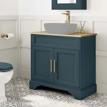 Lucia Inky Blue Cabinet with Oak Effect Top 840mm (Excludes Counter Top Basin) - Brass Knurled Handles