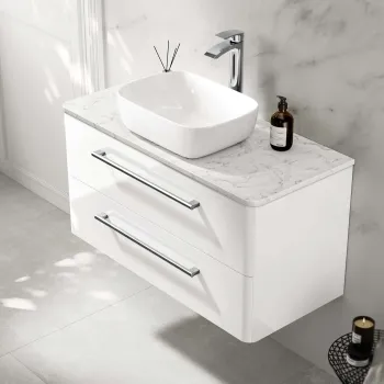 Omaha Gloss White Wall Hung Drawer Vanity with Marble Top & Curved Counter Top Basin 1000mm
