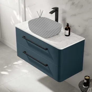 Omaha Navy Blue Wall Hung Drawer Vanity with Marble Top 1000mm (Excludes Counter Top Basin) - Black Accents