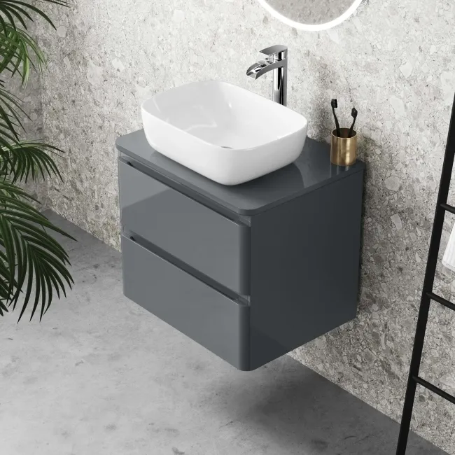 Corsica Storm Grey Wall Hung Drawer Vanity with Curved Counter Top Basin 600mm