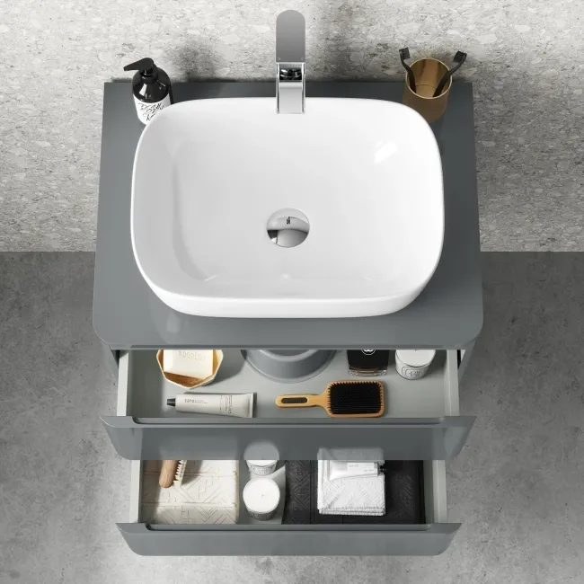 Corsica Storm Grey Wall Hung Drawer Vanity with Curved Counter Top Basin 600mm