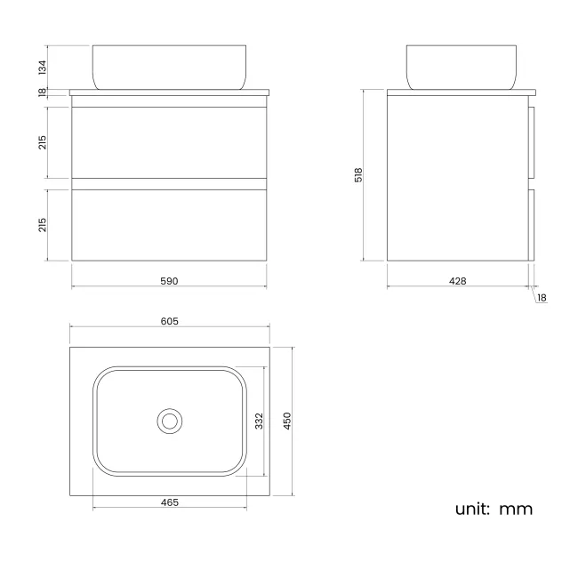 Corsica Storm Grey Wall Hung Drawer Vanity with Curved Counter Top Basin 600mm