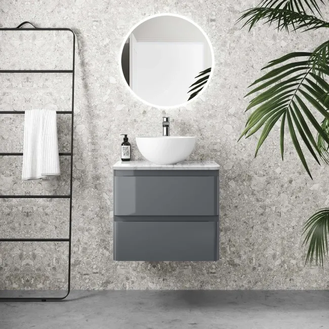 Corsica Storm Grey Wall Hung Drawer Vanity with Marble Top & Round Counter Top Basin 600mm