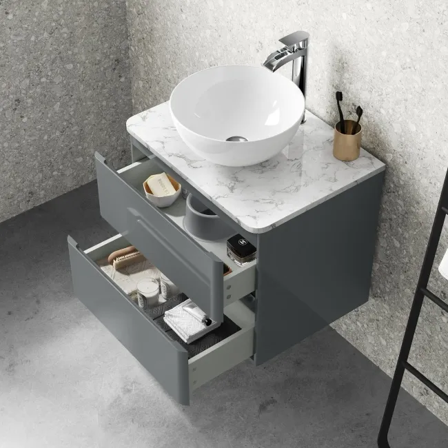 Corsica Storm Grey Wall Hung Drawer Vanity with Marble Top & Round Counter Top Basin 600mm