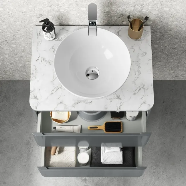 Corsica Storm Grey Wall Hung Drawer Vanity with Marble Top & Round Counter Top Basin 600mm