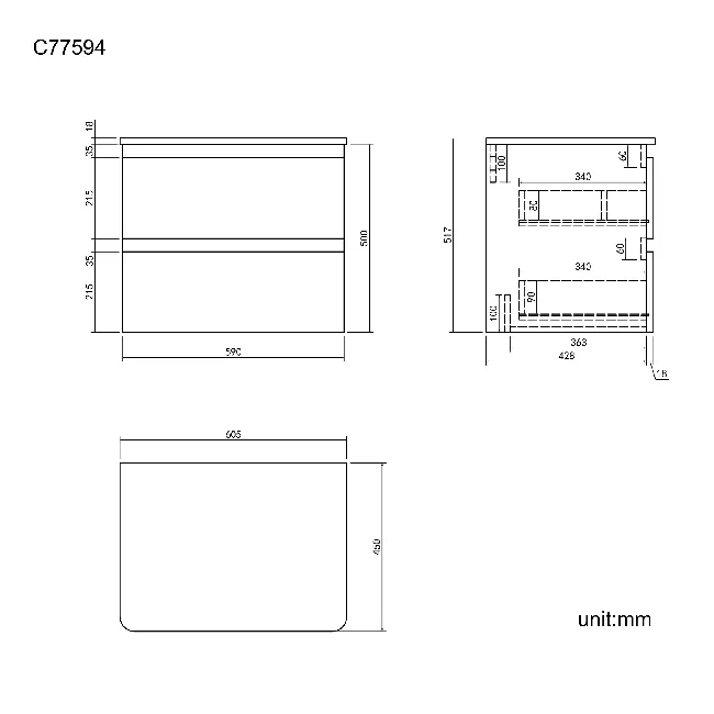 Corsica Storm Grey Wall Hung Drawer 600mm - Excludes Counter Top Basin
