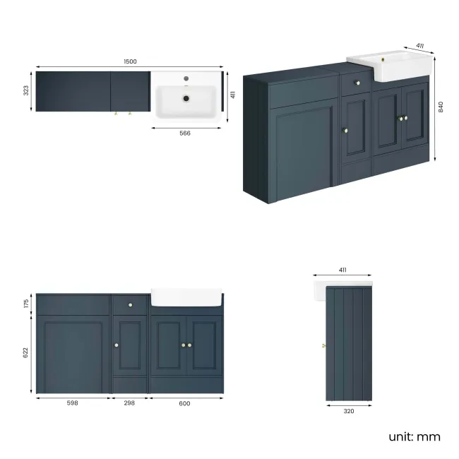 Monaco Inky Blue Basin Vanity and Back To Wall Unit 1500mm (Excludes Pan & Cistern) - Brushed Brass Accents