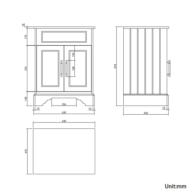 Lucia Inky Blue Cabinet with Oak Effect Top 640mm (Excludes Counter Top Basin) - Brass Knurled Handles
