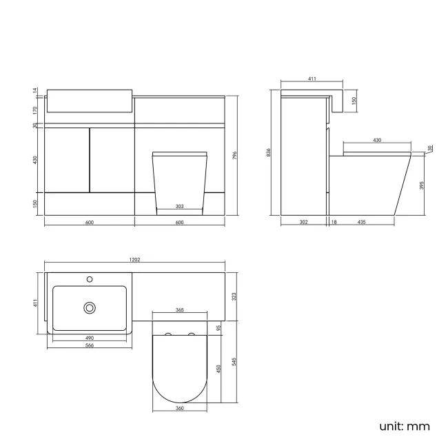 Foster Tungsten Grey Combination Vanity Basin with Marble Top & Boston Toilet 1200mm