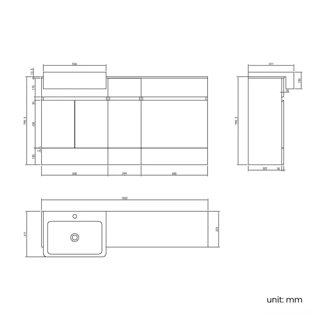 Foster Tungsten Grey Combination Vanity Basin with Marble Top 1500mm - Excludes Toilet