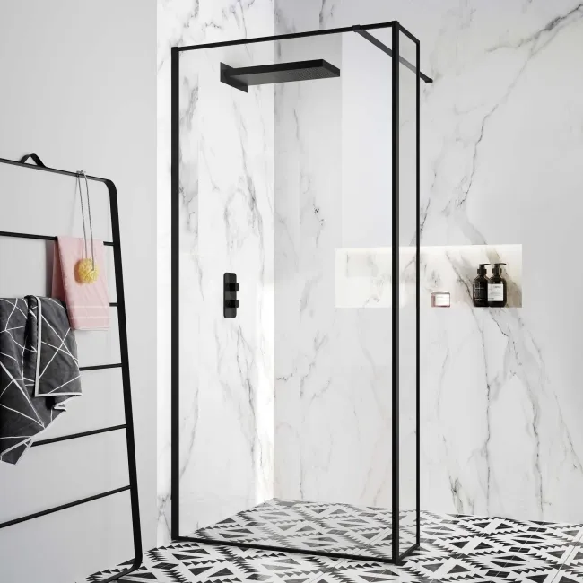 Munich Matt Black Framed Easy Clean 8mm Wet Room Shower Glass Return Panel 250mm