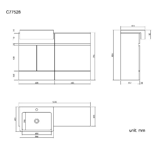 Foster Stone Grey Basin Vanity with Marble Top & Back To Wall Unit 1200mm