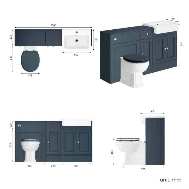 Monaco Inky Blue Combination Vanity Basin and Hudson Toilet with Wooden Seat 1500mm