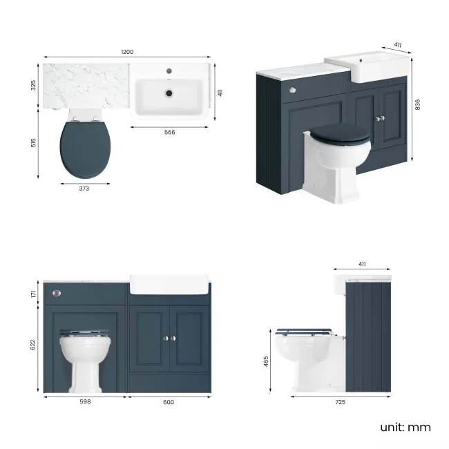Monaco Inky Blue Combination Vanity Basin with Marble Top & Hudson Toilet with Wooden Seat 1200mm