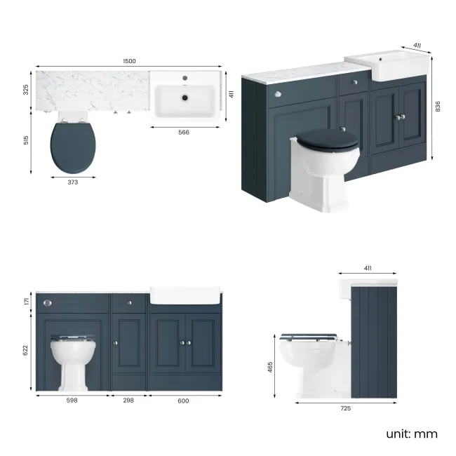 Monaco Inky Blue Combination Vanity Basin with Marble Top and Hudson Toilet with Wooden Seat 1500mm
