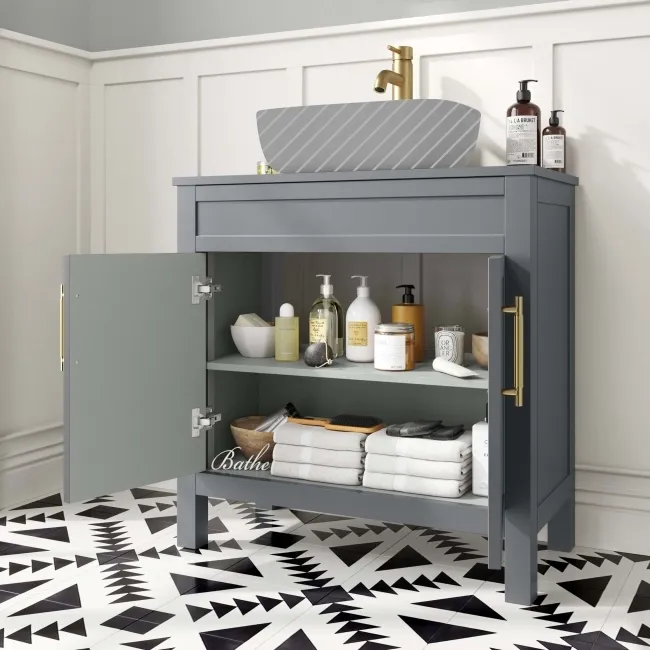 Bermuda Dove Grey Cabinet 800mm Excludes Counter Top Basin - Brass Knurled Handles