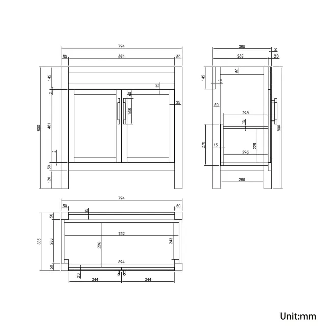 Bermuda Dove Grey Cabinet 800mm Excludes Counter Top Basin - Brass Knurled Handles