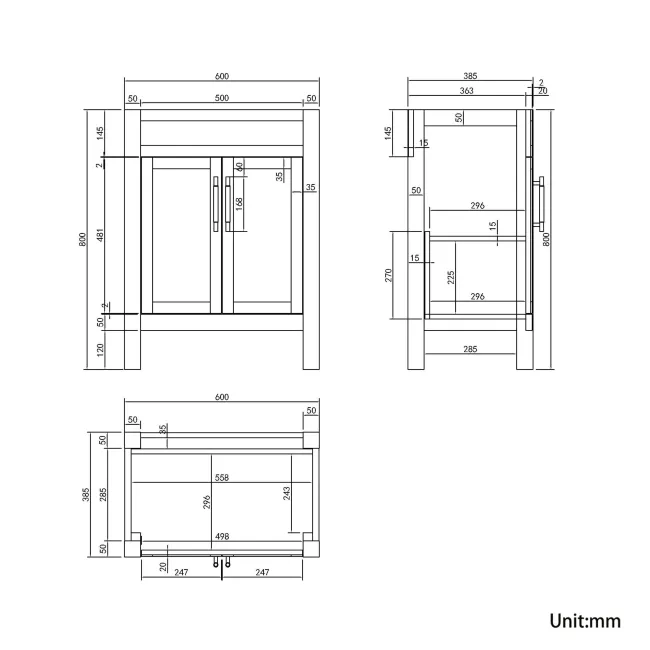 Bermuda Chalk White Cabinet with Marble Top 600mm - Excludes Counter Top Basin - Brass Knurled Handles