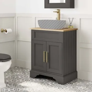Lucia Graphite Grey Cabinet with Oak Effect Top 640mm (Excludes Counter Top Basin) - Brass Knurled Handles