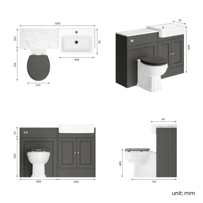 Monaco Graphite Grey Combination Vanity Basin with Marble Top & Hudson Toilet with Wooden Seat 1200mm