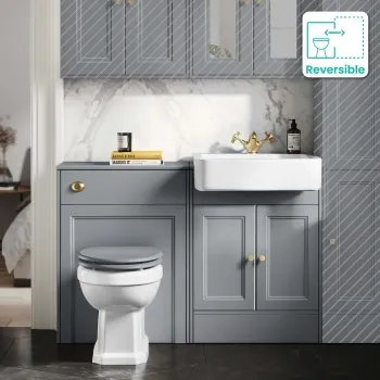 Monaco Dove Grey Combination Vanity Basin and Hudson Toilet with Wooden Seat 1200mm - Brushed Brass Accents