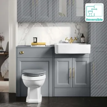 Monaco Dove Grey Combination Vanity Basin and Hudson Toilet with Wooden Seat 1200mm - Brass Knurled Handles