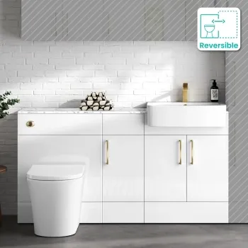Harper Gloss White Combination Vanity Basin with Marble Top & Tucson Toilet 1500mm - Brushed Brass Accents