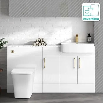 Harper Gloss White Combination Vanity Basin with Marble Top & Houston Toilet 1500mm - Brushed Brass Accents