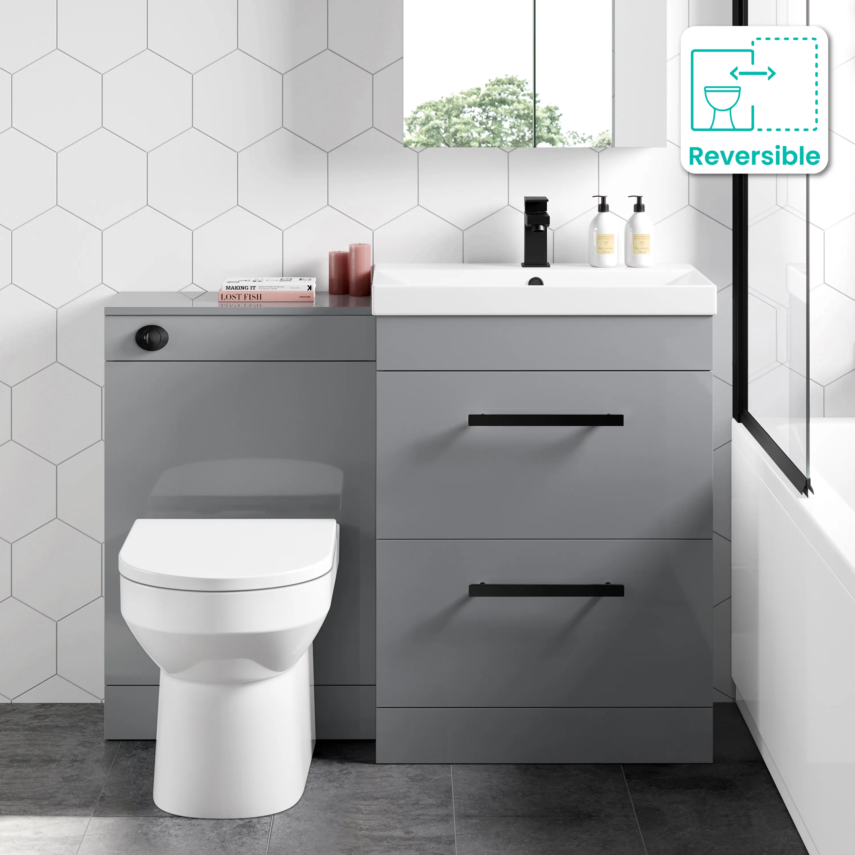 Avon Stone Grey Combination Basin Drawer and Miami Toilet 1100mm - Black Accents