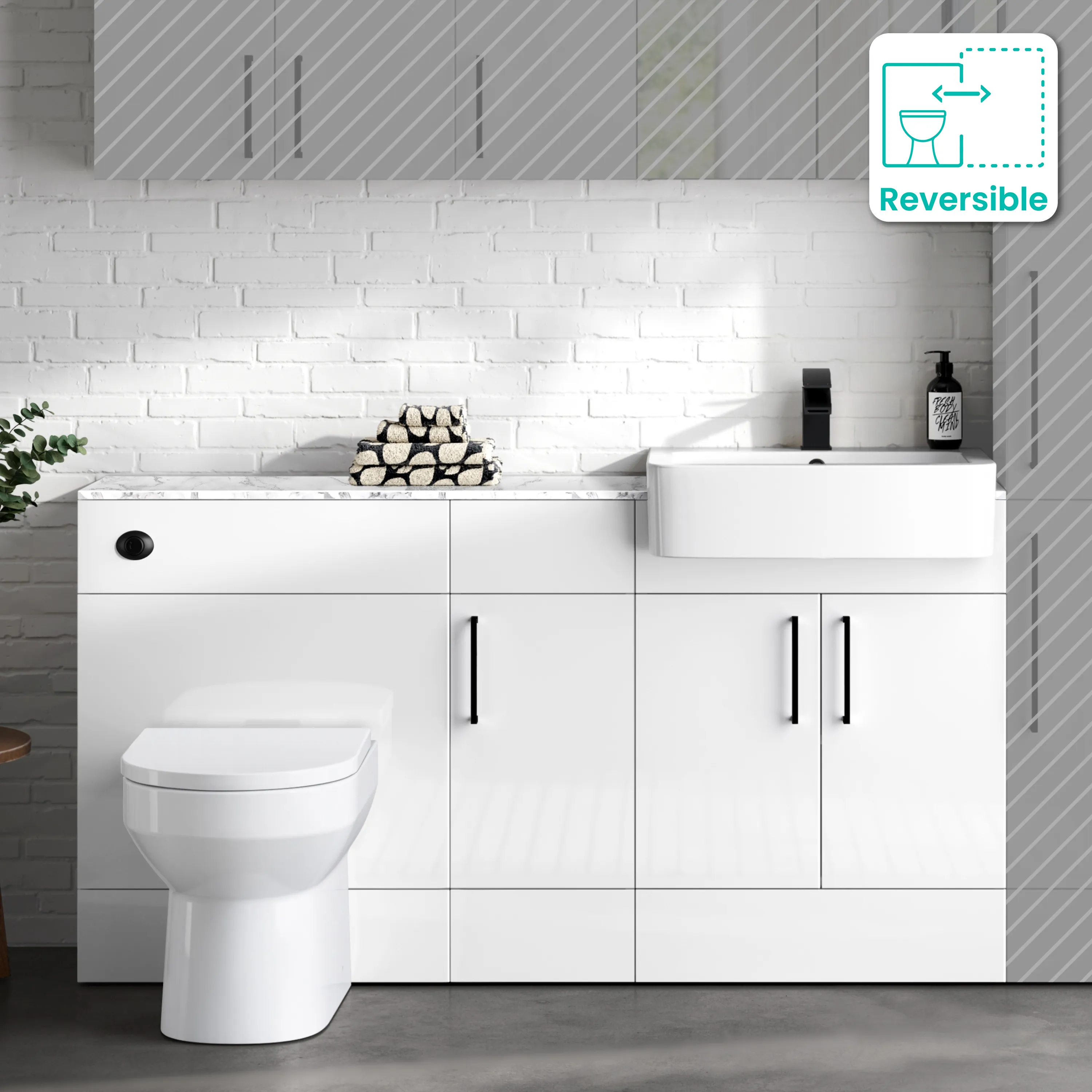 Harper Gloss White Combination Vanity Basin with Marble Top & Miami Toilet 1500mm - Black Accents