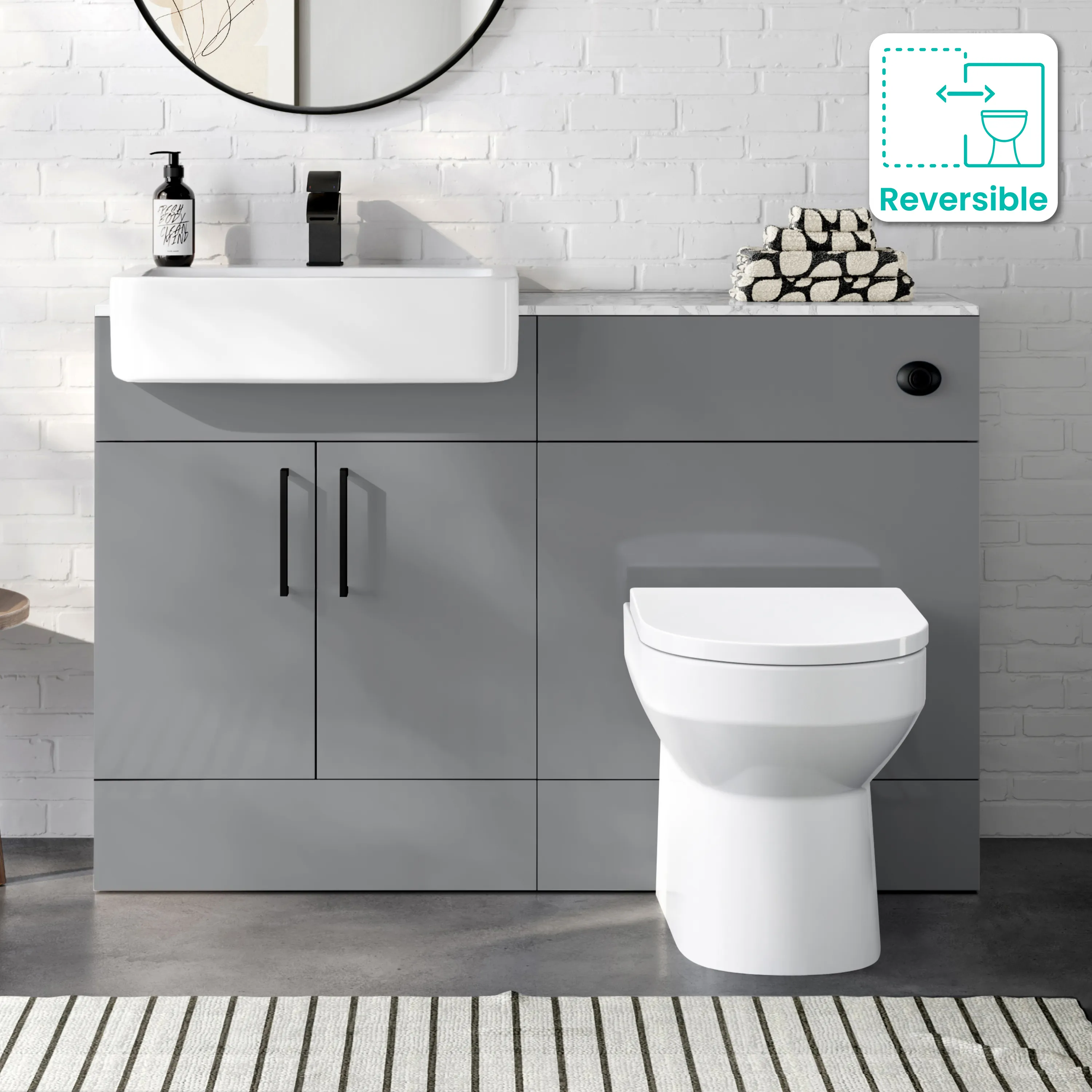 Harper Stone Grey Combination Vanity Basin with Marble Top & Miami Toilet 1200mm - Black Accents