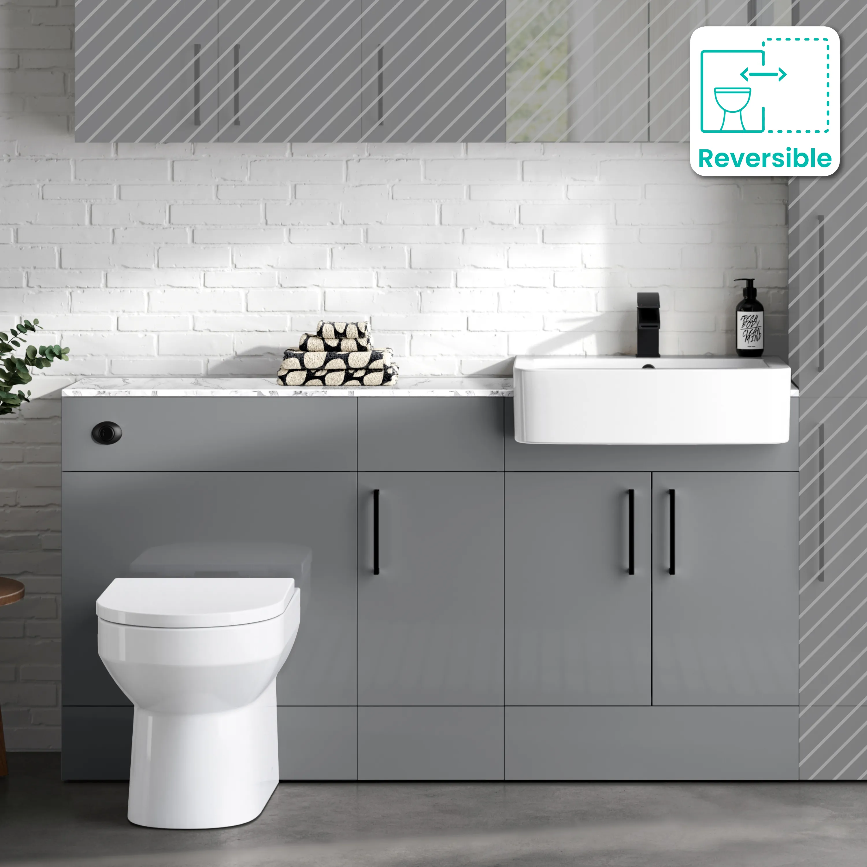 Harper Stone Grey Combination Vanity Basin with Marble Top & Miami Toilet 1500mm - Black Accents