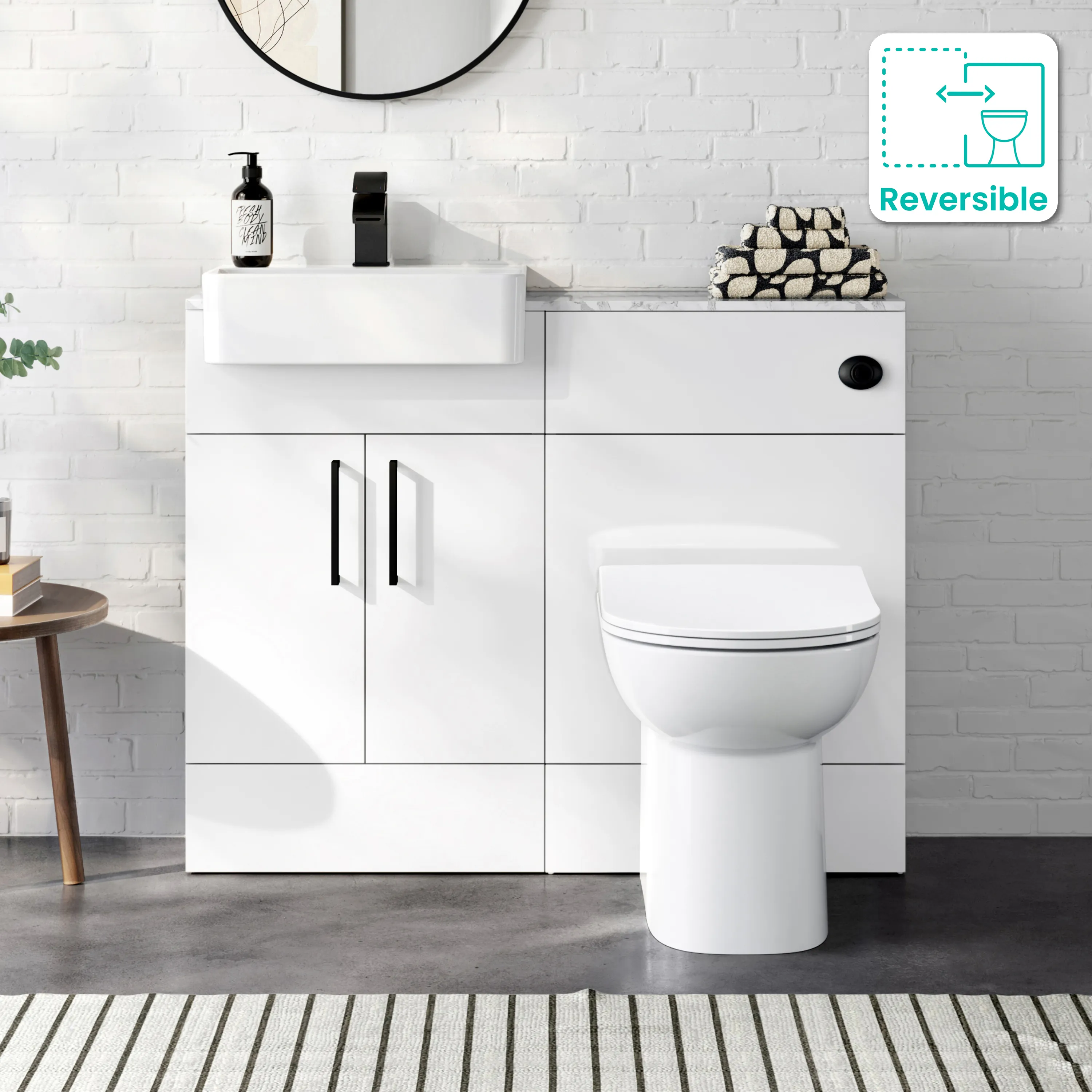 Harper Gloss White Combination Vanity Basin with Marble Top & Aruba Toilet 1000mm - Black Accents
