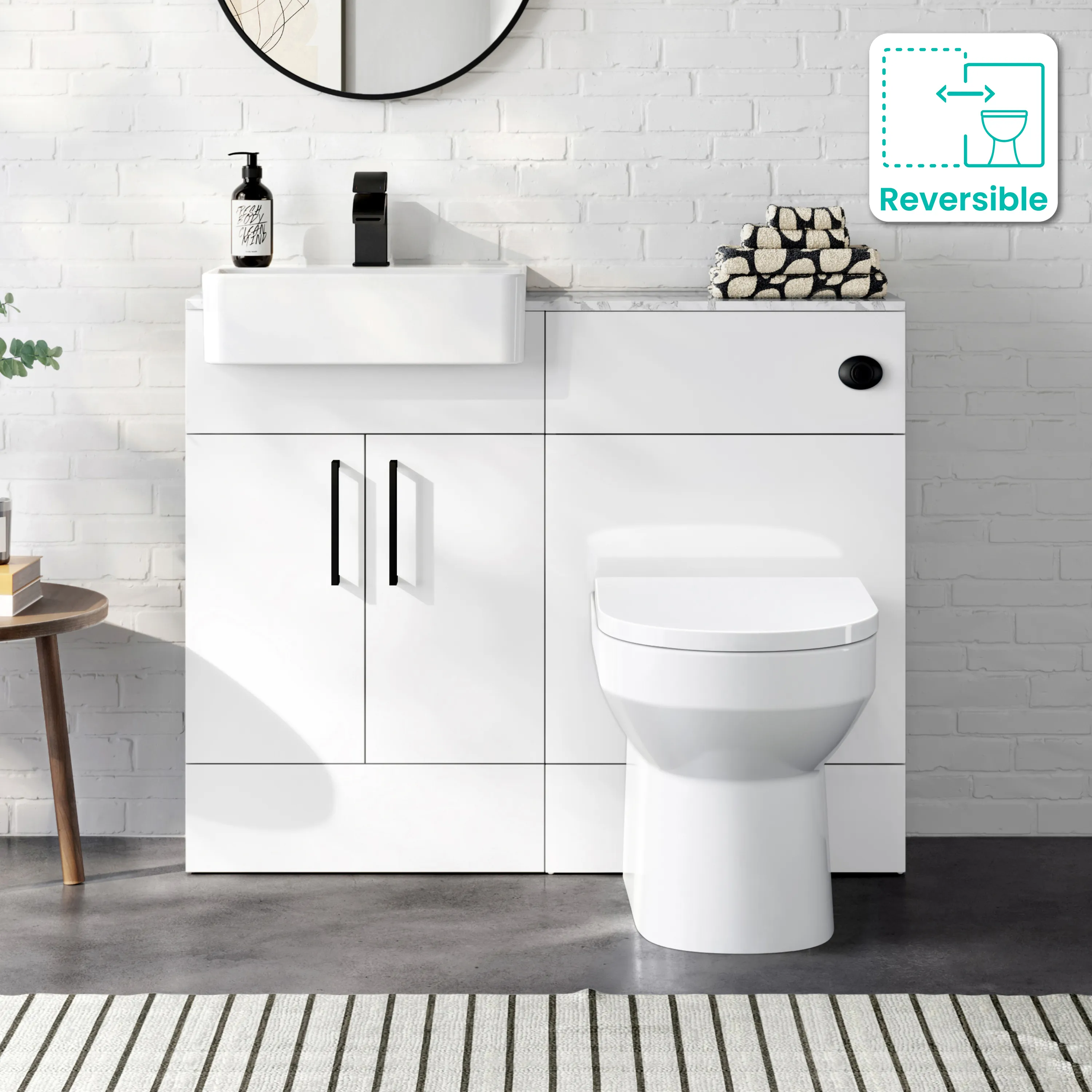Harper Gloss White Combination Vanity Basin with Marble Top & Miami Toilet 1000mm - Black Accents