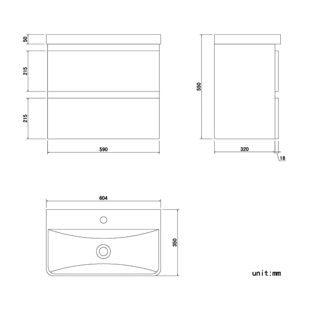 Corsica Gloss White Wall Hung Slimline Basin Drawer Vanity 600mm