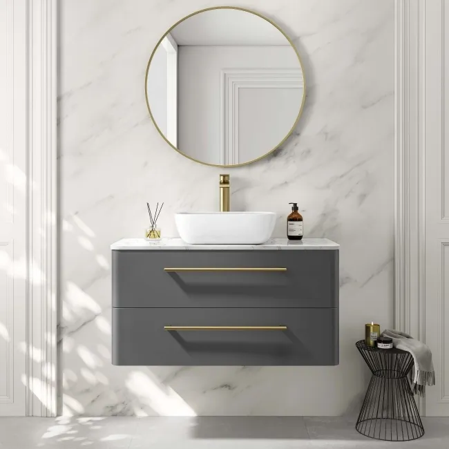 Omaha Slate Grey Wall Hung Drawer Vanity with Marble Top & Curved Counter Top Basin 1000mm - Brushed Brass Accents