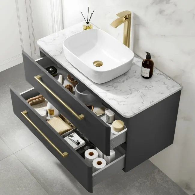 Omaha Slate Grey Wall Hung Drawer Vanity with Marble Top & Curved Counter Top Basin 1000mm - Brushed Brass Accents