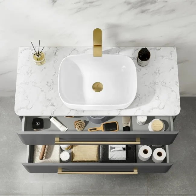 Omaha Slate Grey Wall Hung Drawer Vanity with Marble Top & Curved Counter Top Basin 1000mm - Brushed Brass Accents